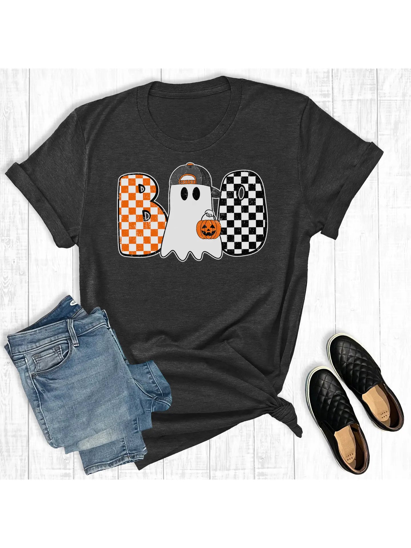 Retro Halloween Checkered Boo Ghost Graphic Tee